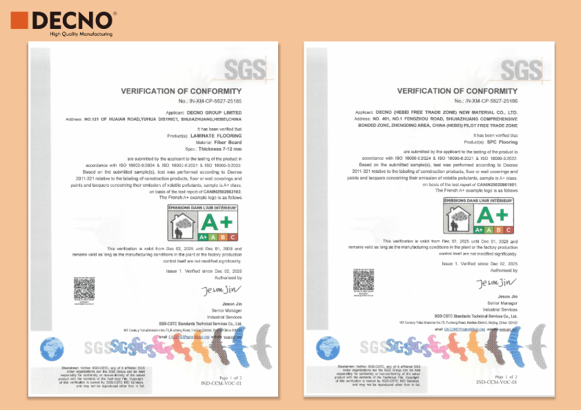 Les revêtements de sol SPC et stratifiés DECNO obtiennent la certification française A